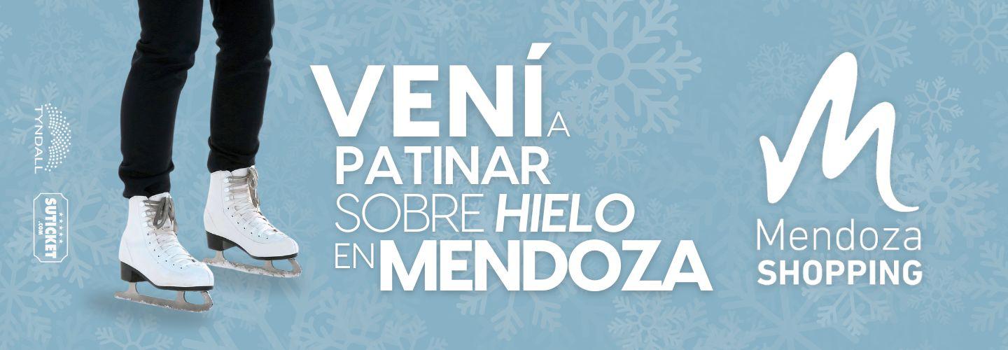 Banner with purple background showing text: TOBOGAN DE HIELO EN EL ABASTO SHOPPING next to white ice skates on the right